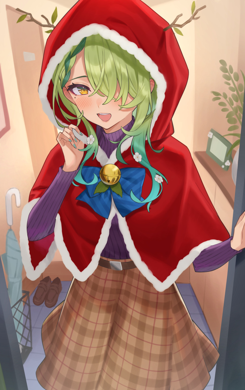 1girl :d antlers braid capelet casual ceres_fauna commentary_request doorway flower french_braid green_hair green_nails gukurosawa01 hair_flower hair_ornament hair_over_one_eye high-waist_skirt highres hololive hololive_english hood hood_up leaf looking_at_viewer mole mole_under_eye nail_polish open_door open_mouth skirt smile solo sweater umbrella virtual_youtuber yellow_eyes