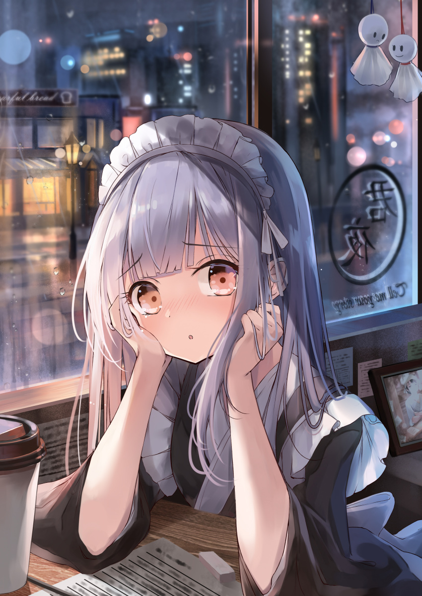 1girl absurdres apron bangs cafe chosunbe city city_lights commentary constricted_pupils cup disposable_cup elbow_rest eraser grey_hair hair_ribbon hand_on_own_cheek hand_on_own_face highres indoors japanese_clothes kimono lamp lamppost long_hair looking_at_viewer maid maid_apron maid_headdress night note on_chair original paper picture_frame ribbon shiny shiny_hair sitting sleeves_past_elbows solo tearing_up tears teruterubouzu urban wa_maid white_hair white_headdress white_ribbon window yellow_eyes