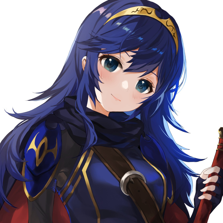1girl armor bangs blue_cape blue_eyes blue_gloves blue_hair blush cape closed_mouth commentary falchion_(fire_emblem) fingerless_gloves fire_emblem fire_emblem_awakening gloves hair_between_eyes head_tilt highres holding holding_sword holding_weapon jurge long_hair looking_at_viewer lucina_(fire_emblem) red_cape shoulder_armor simple_background smile solo sword symbol-only_commentary tiara two-tone_cape upper_body weapon white_background