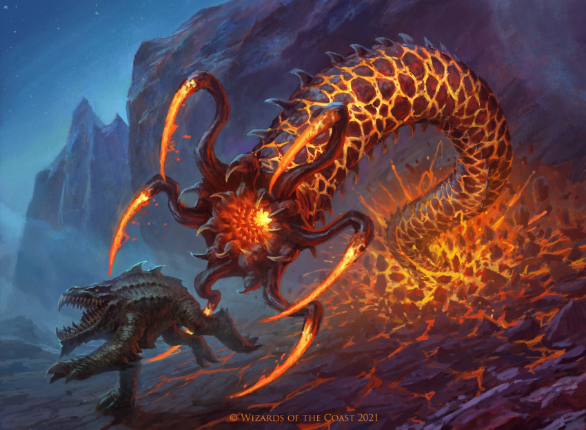 absurdres creature fire highres magic:_the_gathering manuel_castanon molten_rock monster no_humans official_art outdoors worm