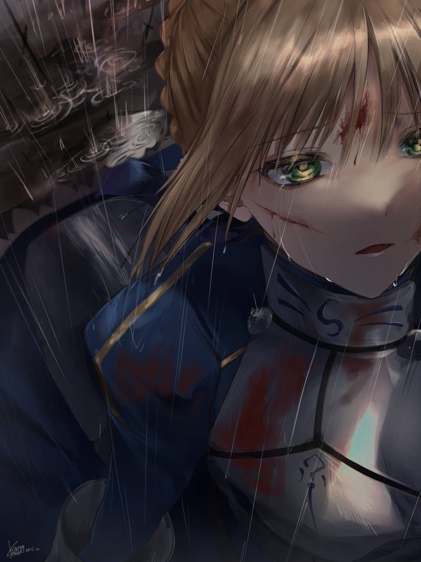 1girl absurdres armor armored_dress artoria_pendragon_(fate) bangs blonde_hair blood blood_on_clothes blood_on_face blue_dress breastplate bruise bruise_on_face dated dress fate/stay_night fate_(series) from_above green_eyes hair_between_eyes hibiya_saeki highres injury long_dress open_mouth rain saber shiny shiny_hair short_hair signature solo tears