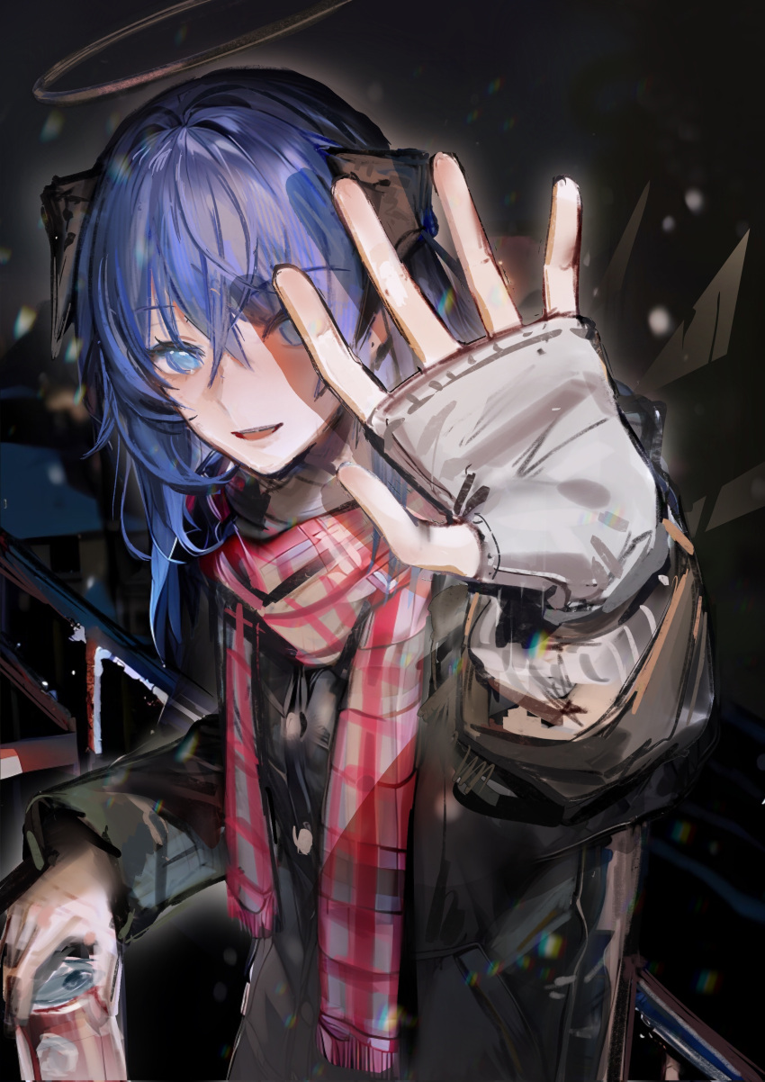 1girl :d absurdres arknights bangs black_jacket blue_eyes blue_hair can detached_wings fingerless_gloves fringe_trim gloves grey_gloves hair_between_eyes halo highres holding holding_can horns jacket liangban_xiexu long_hair long_sleeves looking_at_viewer mostima_(arknights) night night_sky outdoors plaid plaid_scarf railing scarf single_glove sky smile solo white_scarf wings
