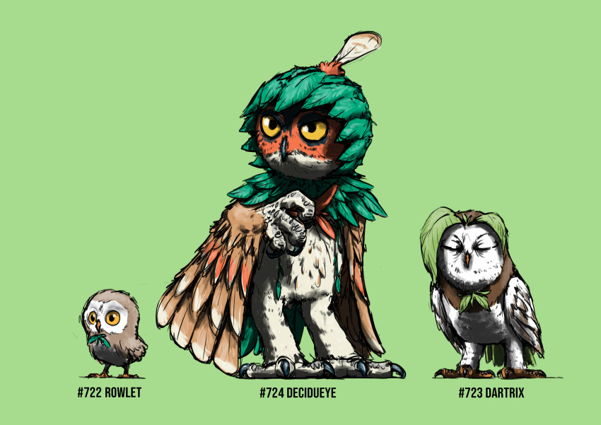 1other absurdres beak bird blacknirrow body_fur brown_wings character_name claws closed_eyes closed_mouth commentary dartrix decidueye english_commentary english_text evolutionary_line feathered_wings full_body furry green_background green_fur green_theme half-closed_eyes hand_up highres leaf multicolored_fur other_focus owl pokedex_number pokemon pokemon_(creature) realistic red_fur rowlet simple_background sketch white_fur wings yellow_eyes