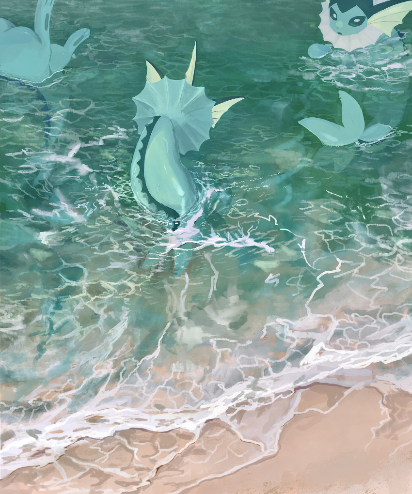 absurdres animal_focus bright_pupils commentary_request day green_eyes highres no_humans outdoors pokemon pokemon_(creature) sand shore swimming vaporeon water white_pupils zai_(3333333333353pk)