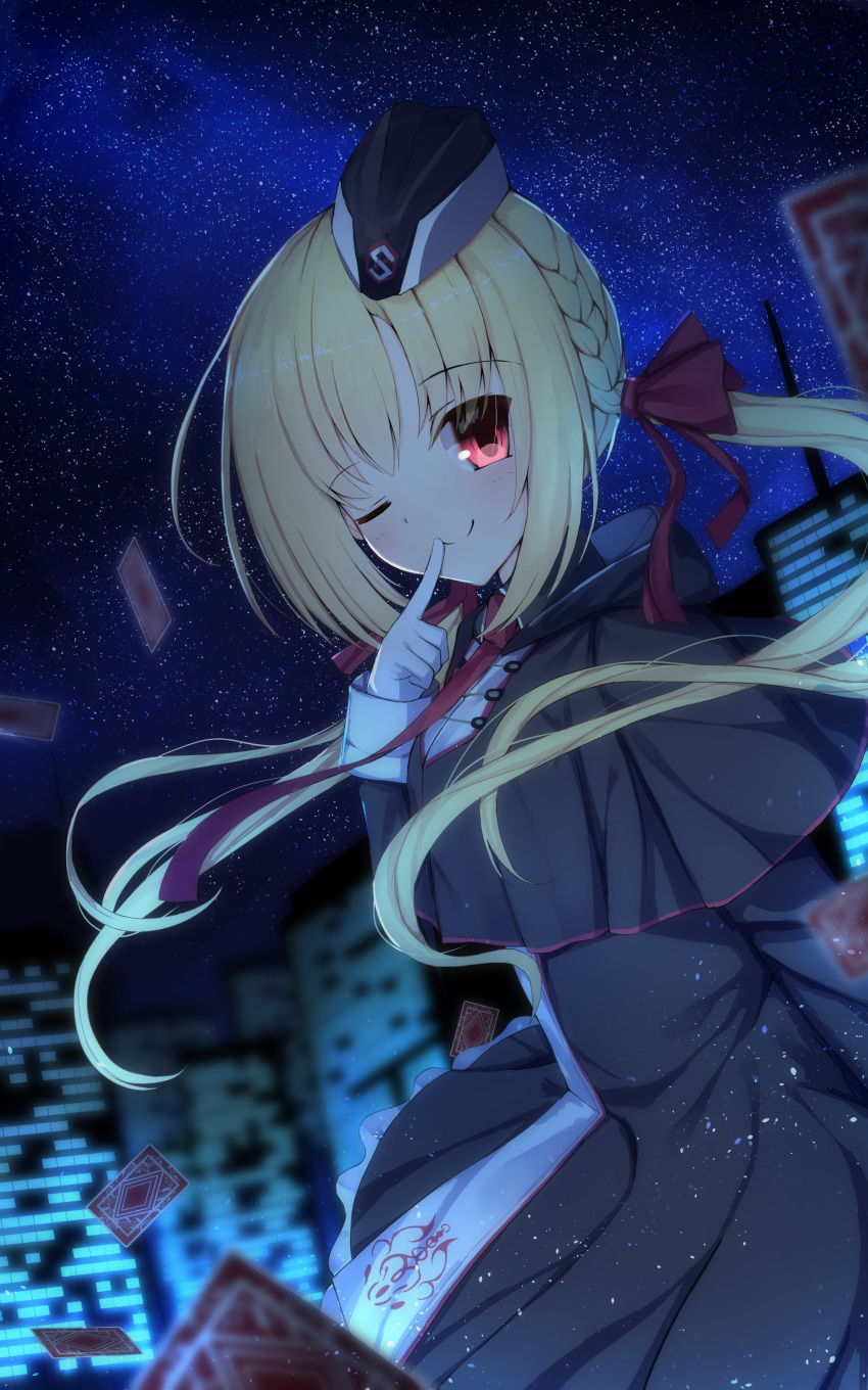 1girl absurdres arihara_nanami bangs beret black_capelet blonde_hair blush bow braid capelet card cityscape closed_mouth finger_to_mouth frilled_skirt frills gloves hair_between_eyes hand_up hat highres hood long_hair long_sleeves looking_at_viewer military military_uniform night nodoameyatou red_bow red_eyes red_ribbon ribbon riddle_joker side_braids skirt smile solo sparkle spy standing star_(sky) twin_braids twintails uniform white_gloves