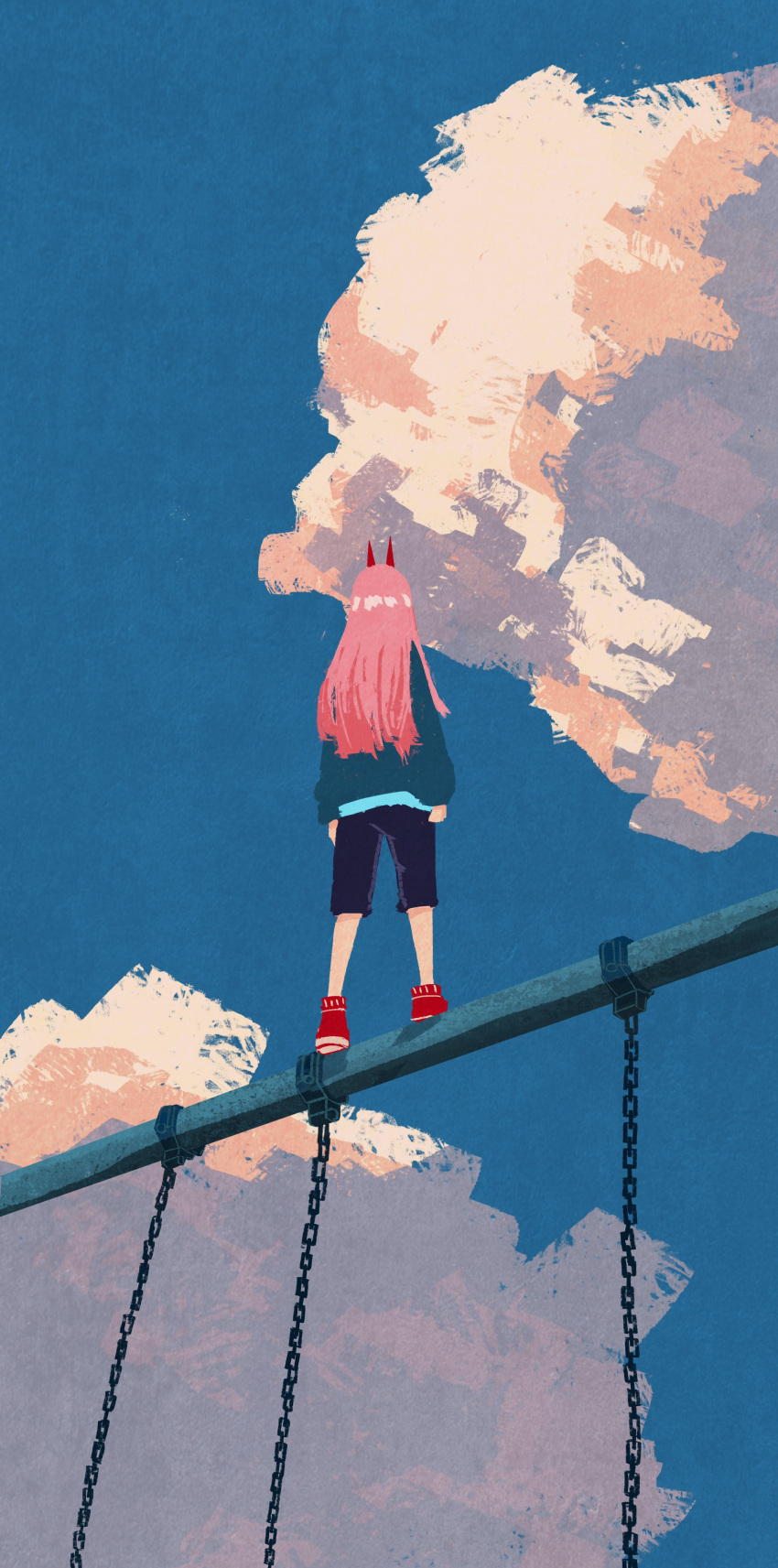 1girl absurdres blue_background blue_jacket blue_sky chainsaw_man clouds highres horns jacket long_hair looking_afar pink_hair power_(chainsaw_man) red_footwear red_horns seesaw seisyunbotdesu shirt shorts simple_background sky solo white_shirt