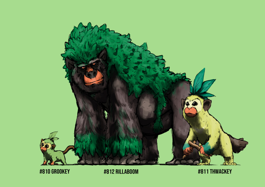 :3 absurdres all_fours animal_focus blacknirrow brown_eyes character_name closed_mouth commentary english_commentary english_text evolutionary_line full_body gorilla green_background green_hair green_theme grookey highres holding holding_stick leaf long_hair looking_at_viewer monkey no_humans pokedex_number pokemon pokemon_(creature) realistic red_eyes rillaboom simple_background sketch standing stick thwackey very_long_hair