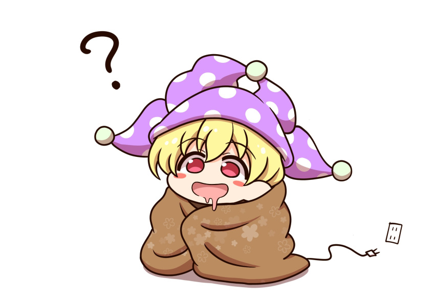 1girl ? blonde_hair chibi clownpiece drooling electric_plug fairy hat highres jester_cap open_mouth polka_dot polka_dot_headwear red_eyes shitacemayo simple_background solo touhou white_background