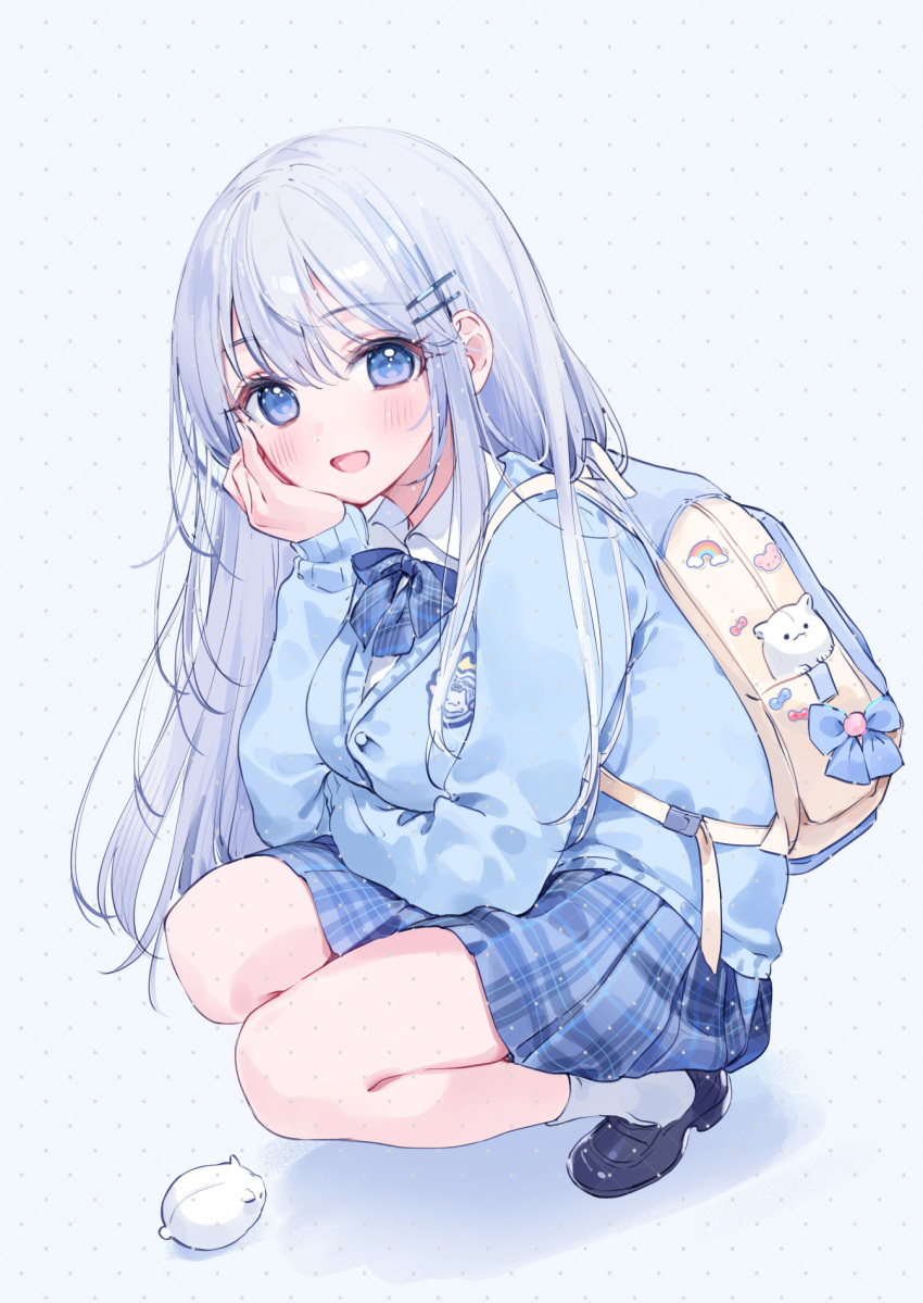1girl a20_(atsumaru) arms_at_sides backpack bag bangs black_footwear blue_bow blue_skirt blue_vest blush bow bowtie breasts carrying_bag collared_shirt hand_on_own_face highres large_breasts long_hair long_sleeves looking_at_viewer open_mouth original plaid plaid_skirt print_bag school_uniform shiny shiny_hair shirt shoes sidelocks skirt smile socks solo squatting vest white_background white_hair white_shirt white_socks
