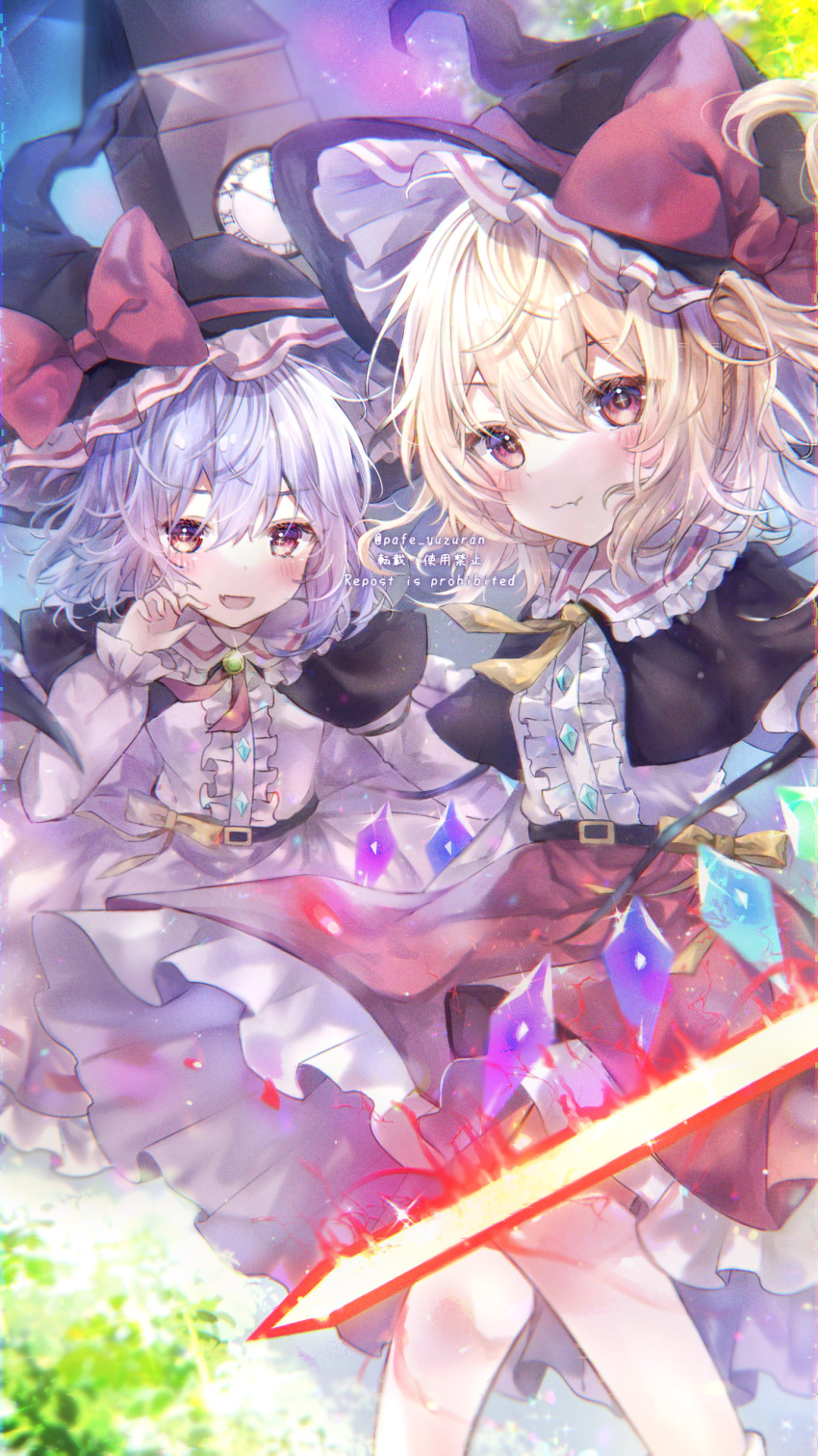+_+ 2girls :d absurdres black_capelet black_headwear blonde_hair bow capelet center_frills closed_mouth crystal fang flandre_scarlet frills hat hat_bow highres looking_at_viewer magical_girl multiple_girls one_side_up open_mouth pafe_yuzuran purple_hair red_bow red_eyes red_skirt remilia_scarlet shirt siblings sisters skin_fang skirt smile sword touhou weapon white_shirt wings witch_hat