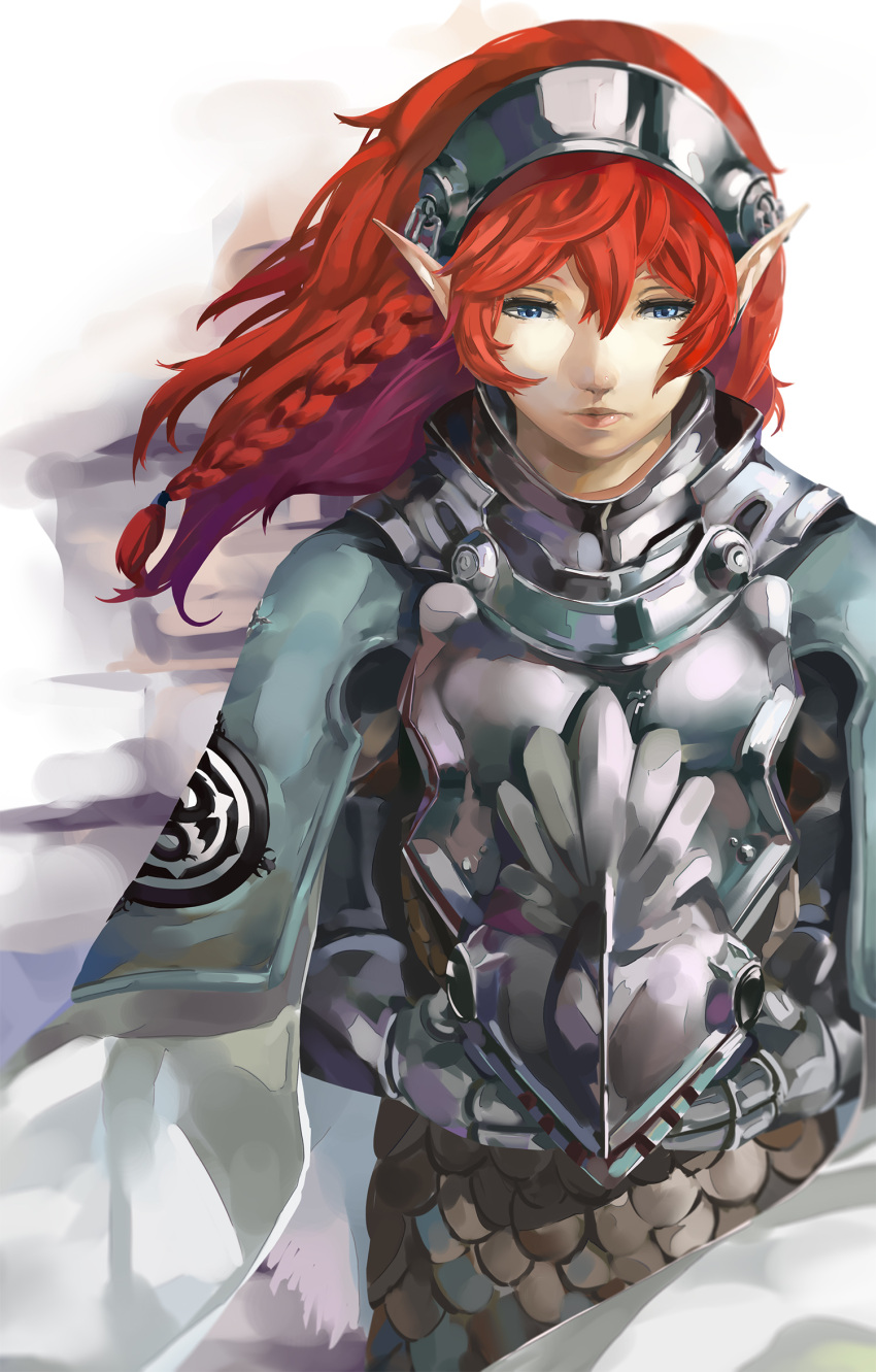 1girl armor blazpu blue_eyes braid breastplate character_request full_armor headwear_removed helmet helmet_removed highres holding holding_helmet long_hair pauldrons plate_armor pointy_ears project_re_fantasy redhead shoulder_armor soejima_shigenori_(style) solo white_background