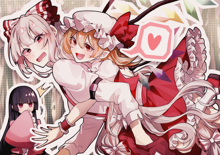 3girls :d absurdres arm_strap bangs black_hair blonde_hair bow commentary_request covering_mouth crystal fang flandre_scarlet frilled_skirt frilled_sleeves frills fujiwara_no_mokou hair_between_eyes hair_bow hand_in_pocket hat hat_ribbon heart highres houraisan_kaguya hug hug_from_behind jealous long_hair long_sleeves mob_cap multiple_girls open_mouth pants pink_shirt pointy_ears red_eyes red_footwear red_nails red_pants red_ribbon red_skirt red_vest ribbon shirt skin_fang skirt smile socks somei_ooo speech_bubble surprised suspenders sweatdrop touhou very_long_hair vest white_hair white_headwear white_socks wings wrist_cuffs