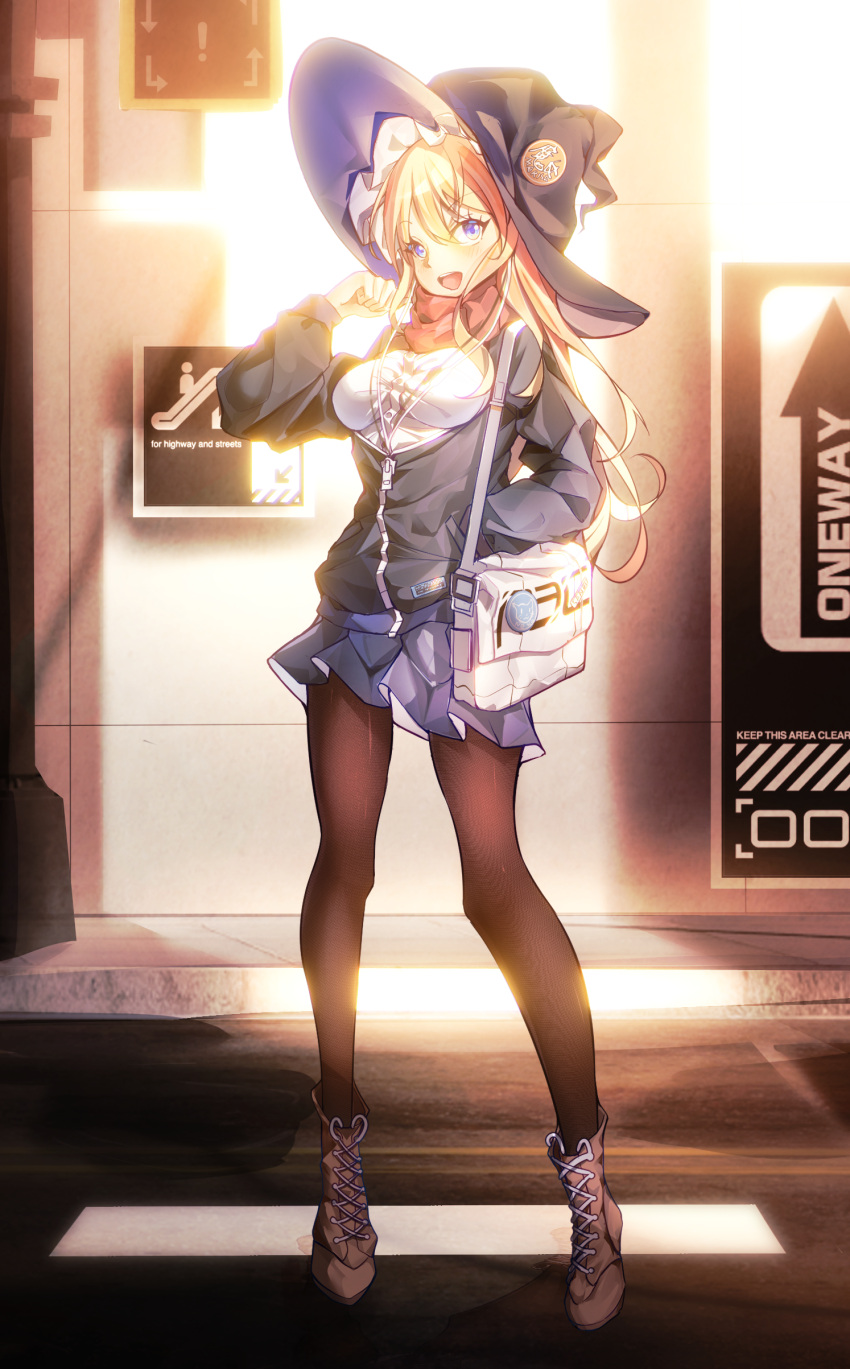 1girl :d absurdres alternate_costume bag black_headwear black_jacket black_pantyhose blonde_hair blue_eyes blue_skirt blush boots boqee breasts brown_footwear casual commentary contemporary cross-laced_footwear full_body hair_between_eyes hand_in_pocket hand_up handbag hat highres jacket kirisame_marisa long_hair long_sleeves looking_at_viewer medium_breasts open_mouth pantyhose partially_unzipped red_scarf road scarf shirt sign skirt smile solo standing street teeth touhou upper_teeth white_bag white_shirt witch_hat zipper
