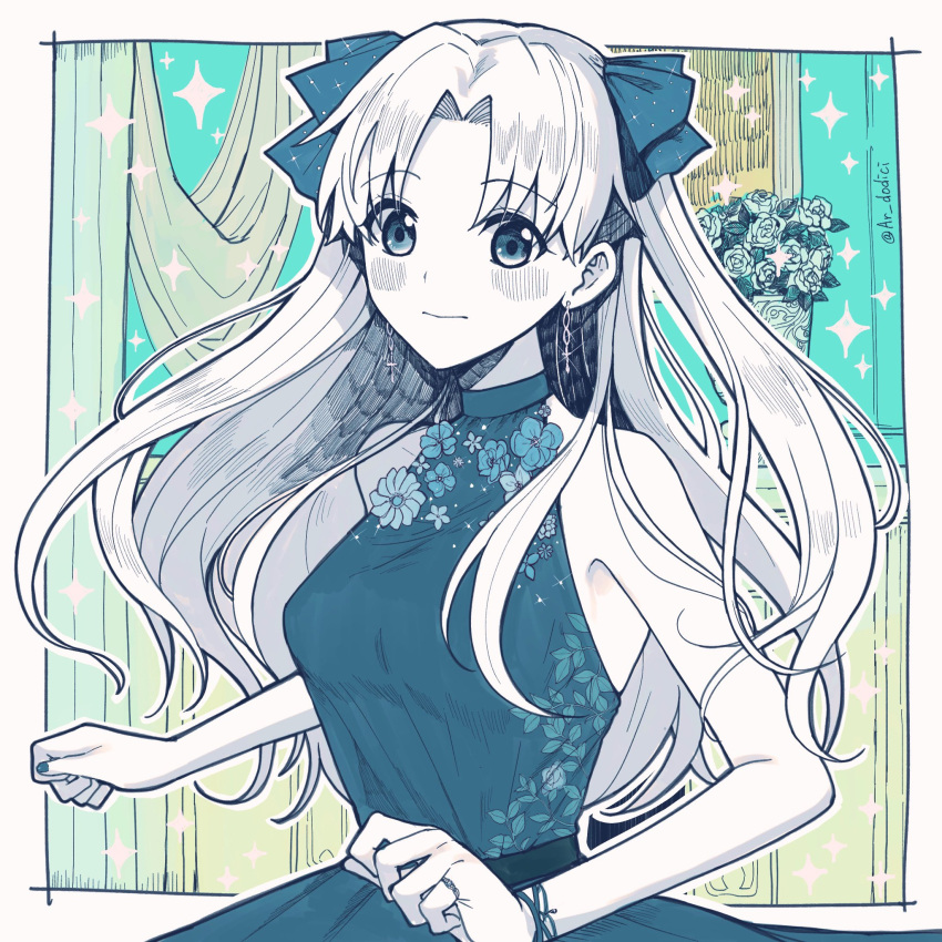 1girl alternate_costume aruti bangs bare_shoulders blush border closed_mouth commentary_request curtains dress earrings ereshkigal_(fate) fate/grand_order fate_(series) fingernails floral_print flower flower_pot greyscale hair_ribbon highres indoors jewelry long_hair looking_at_viewer monochrome outside_border parted_bangs ribbon ring rose sleeveless sleeveless_dress solo twitter_username two_side_up white_border