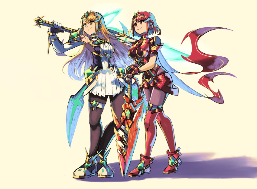 2girls aegis_sword_(xenoblade) backless_outfit bangs black_pantyhose blonde_hair bob_cut breasts dangle_earrings dress earrings elbow_gloves gloves highres impossible_clothes jewelry large_breasts legwear_under_shorts long_hair micro_shorts microskirt miniskirt multiple_girls mythra_(massive_melee)_(xenoblade) mythra_(xenoblade) pantyhose pantyhose_under_shorts pyra_(xenoblade) red_eyes red_shorts red_thighhighs redhead sailor_yon short_dress short_hair short_shorts short_sleeves shorts skindentation skirt sleeveless sleeveless_dress swept_bangs thigh-highs thigh_strap thighhighs_over_pantyhose tiara very_long_hair white_dress white_skirt xenoblade_chronicles_(series) xenoblade_chronicles_2 yellow_eyes