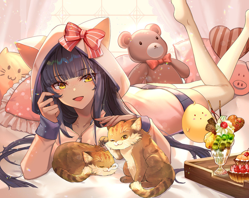 1girl :d animal_ears bangs black_hair blunt_bangs cat cat_ears commission dark-skinned_female dark_skin freckles frilled_pillow frills hanh_chu hood hoodie legs_up light_particles long_hair lying on_bed on_stomach open_mouth original parfait petting pillow pink_hoodie red_nails shorts smile solo stuffed_animal stuffed_pig stuffed_toy teddy_bear yellow_eyes zipper_pull_tab