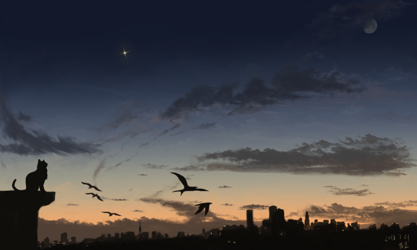 2018 animal bird blue_sky cat chinese_commentary city_lights cityscape cliff clouds cloudy_sky dark_clouds dated evening flying gradient_sky highres landscape mixed-language_commentary moon multicolored_sky no_humans orange_sky original scenery shuang_zhi signature silhouette sitting sky star_(sky) sunset twilight wide_shot