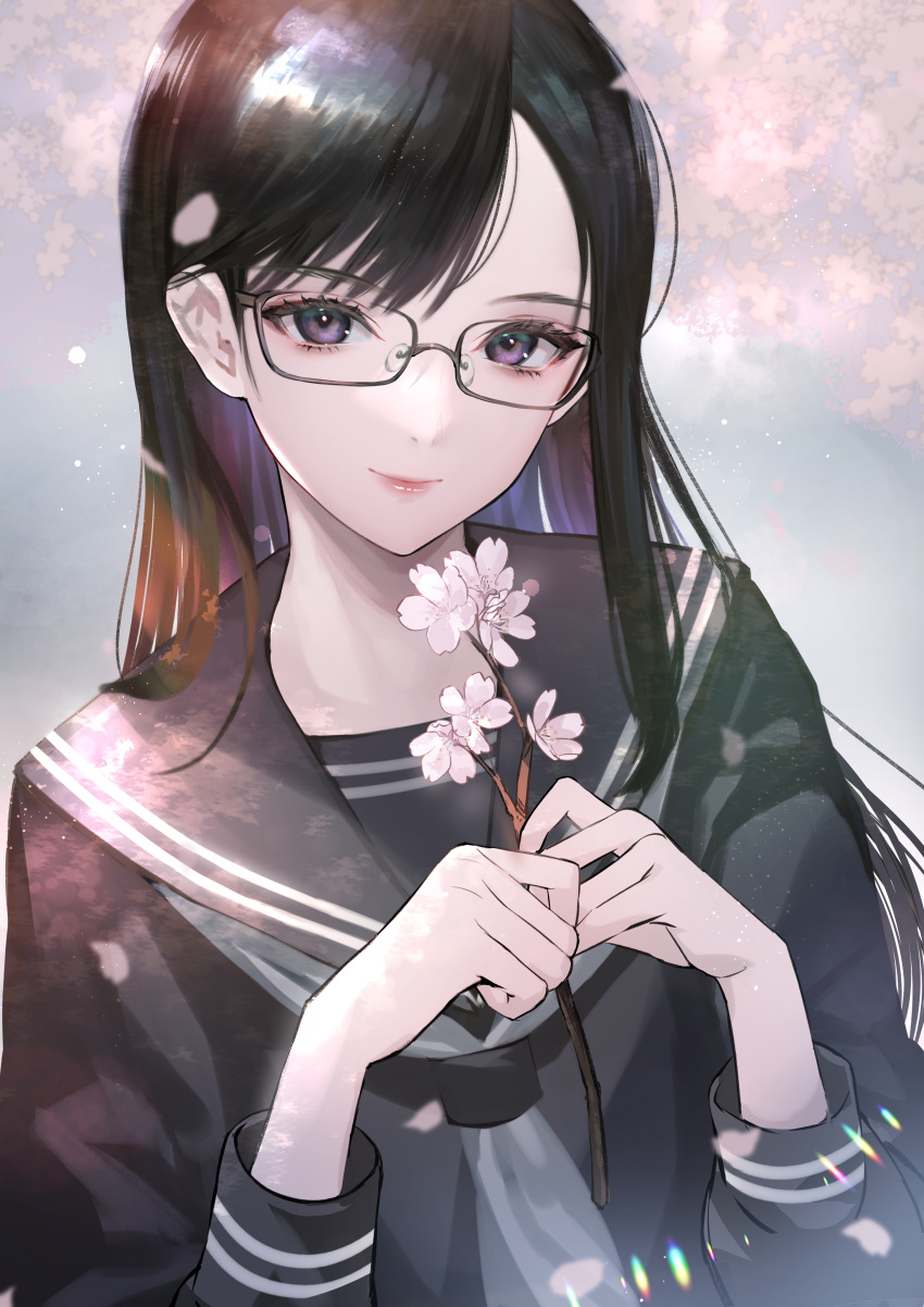 1girl absurdres bangs black-framed_eyewear black_eyes black_hair black_sailor_collar black_serafuku branch cherry_blossoms closed_mouth commentary_request flower glasses hands_up highres hitowa holding holding_branch lips looking_at_viewer original sailor_collar school_uniform serafuku smile solo upper_body violet_eyes