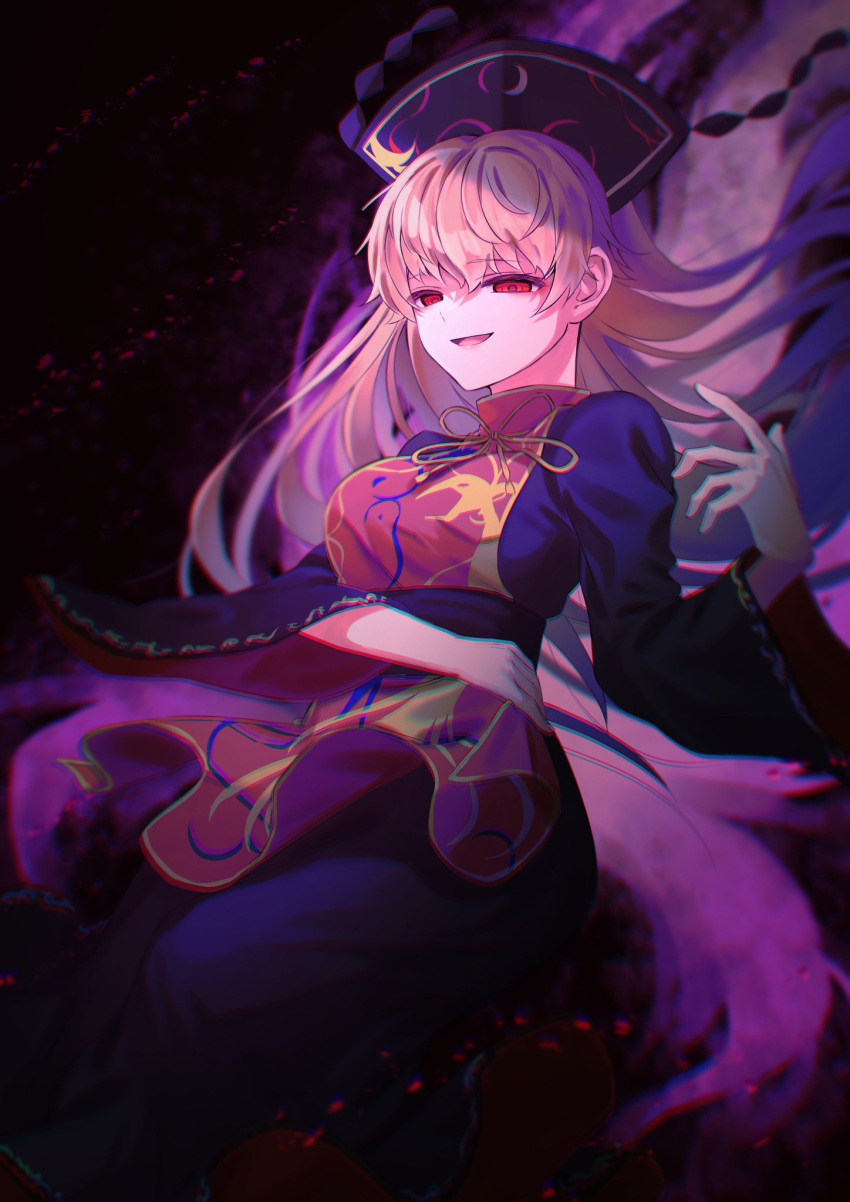 1girl :d black_background black_dress breasts dress headdress highres junko_(touhou) large_breasts long_hair long_sleeves looking_at_viewer open_mouth orange_hair red_eyes simple_background smile solo tabard touhou wankosoradayo wide_sleeves
