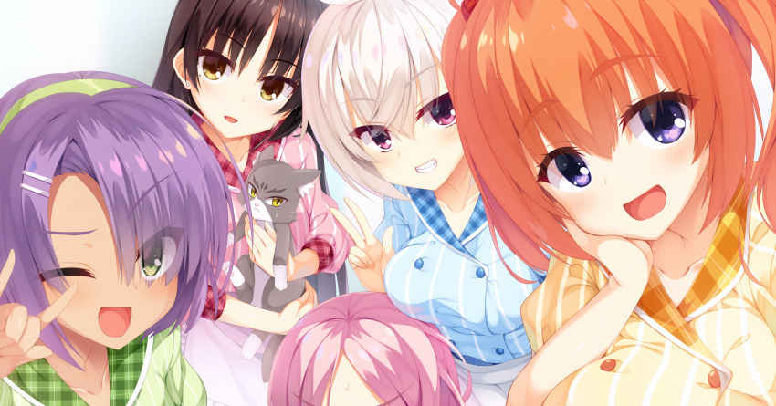 1boy 5girls :&lt; ;d \m/ ahoge akizuki_kanna animal animal_hands apron aria. bangs black_hair blue_skirt blush breast_rest breasts breasts_on_head buttons cafe_stella_to_shinigami_no_chou cat collarbone dark-skinned_female dark_skin double-breasted earrings eyebrows_hidden_by_hair eyelashes fingernails forehead fringe_trim green_eyes green_headband green_shirt grey_cat grin hair_between_eyes hair_ornament hair_over_one_eye hair_ribbon hand_on_own_cheek hand_on_own_face headband highres hiuchidani_mei holding holding_animal holding_cat jewelry long_hair looking_at_viewer mikado_(cafe_stella) mole mole_under_eye multiple_girls multiple_hairpins one_eye_closed open_mouth orange_hair out_of_frame pink_hair pink_shirt pinstripe_pattern plaid plaid_sailor_collar plaid_shirt puffy_short_sleeves puffy_sleeves red_ribbon ribbon shiki_natsume shioyama_suzune shirt short_hair short_sleeves sidelocks skirt smile striped sumizome_nozomi sweatdrop tail taut_clothes taut_shirt teeth twintails v v-shaped_eyebrows violet_eyes white_background white_hair white_skirt yellow_eyes yuzu-soft