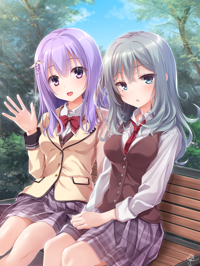 2girls absurdres bangs bench blue_eyes blue_hair blush bow bowtie breasts brown_vest chaamii closed_mouth clouds eyebrows_hidden_by_hair eyelashes fringe_trim frown grey_skirt hair_between_eyes hair_ornament hair_over_shoulder hand_on_own_thigh hand_up highres ise_kotori jacket large_breasts lips long_hair long_sleeves looking_at_viewer medium_breasts miniskirt multiple_girls necktie open_mouth park pleated_skirt purple_hair red_bow red_bowtie red_necktie riddle_joker school_uniform shikibu_mayu shirt side-by-side sidelocks sitting skirt sky spoilers straight_hair sunlight tree vest violet_eyes waving wavy_hair white_shirt wing_collar wing_hair_ornament yellow_jacket yuzu-soft