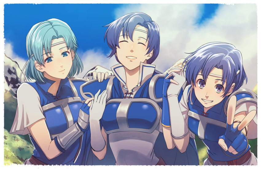 3girls ^_^ aduti_momoyama arm_guards armor belt belt_buckle blue_armor blue_cape blue_gloves blue_hair blue_sky border brown_belt buckle cape closed_eyes closed_mouth clouds day fingerless_gloves fire_emblem fire_emblem:_the_binding_blade gloves grin hair_intakes hands_up high_collar highres holding_hands interlocked_fingers juno_(fire_emblem) light_blue_hair long_hair mountain multiple_girls outstretched_arm pauldrons pegasus_knight_uniform_(fire_emblem) ponytail shanna_(fire_emblem) short_hair shoulder_armor siblings sisters sky smile thea_(fire_emblem) v white_border white_gloves