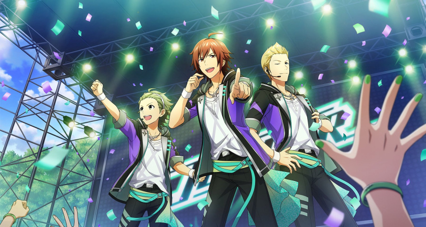 3boys ahoge amagase_touma blonde_hair blue_eyes blue_sky bracelet clenched_hand clouds fingernails green_eyes green_hair green_nails hair_between_eyes highres idolmaster idolmaster_side-m idolmaster_side-m_growing_stars ijuuin_hokuto jewelry jupiter_(idolmaster) male_focus mitarai_shouta multiple_boys nail_polish necklace official_art pointing shirt short_sleeves sky smile spotlight stage stage_lights streamers third-party_source white_shirt