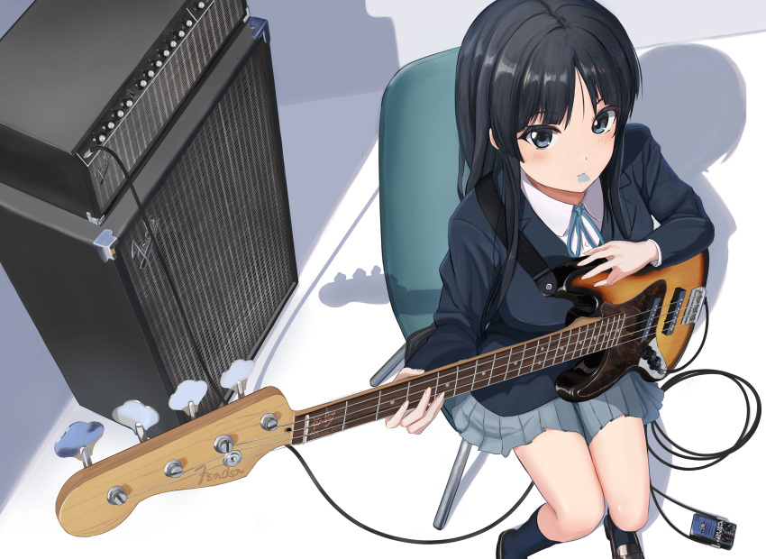 1girl absurdres akiyama_mio bangs bass_guitar black_eyes black_hair blazer blue_ribbon blunt_bangs chair collared_shirt commentary_request effects_pedal from_above grey_skirt highres hoshino_nasubi instrument jacket k-on! long_hair long_sleeves looking_at_viewer neck_ribbon pleated_skirt ribbon sakuragaoka_high_school_uniform school_uniform shadow shirt sidelocks sitting skirt solo white_shirt winter_uniform