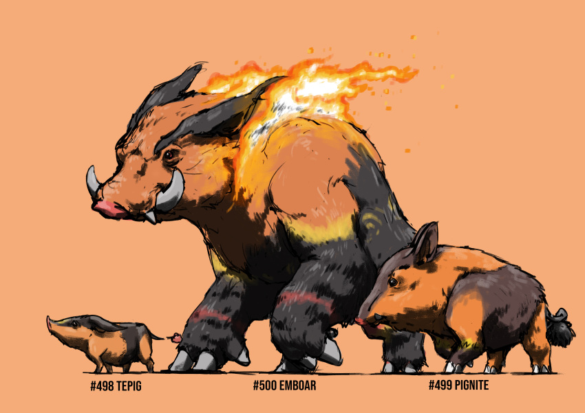 absurdres animal_focus black_eyes blacknirrow boar character_name claws commentary emboar english_commentary english_text evolutionary_line fire from_side full_body highres no_humans orange_background orange_theme pignite pokedex_number pokemon pokemon_(creature) profile realistic red_eyes simple_background sketch standing tepig tusks