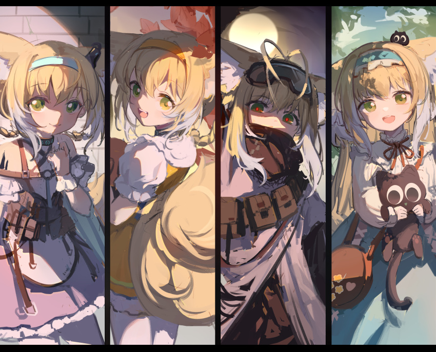 1girl :d absurdres animal animal_ears apron arknights bag bandana bare_shoulders black_cat blonde_hair blue_hairband blue_skirt blue_sky bright_pupils cat closed_mouth clothing_cutout clouds commentary_request dress fox_ears fox_girl fox_tail frilled_hairband frills full_moon green_eyes hairband heixiu highres holding holding_animal kitsune long_hair luoxiaohei moon multiple_views neck_ribbon night night_sky on_head pantyhose purple_skirt red_pupils red_ribbon ribbon shio_(7203802) shirt shoulder_bag shoulder_cutout skirt sky sleeveless sleeveless_dress smile suzuran_(arknights) suzuran_(lostlands_flowering)_(arknights) suzuran_(spring_praise)_(arknights) tail the_legend_of_luo_xiaohei very_long_hair waist_apron white_apron white_pantyhose white_shirt yellow_dress yellow_hairband