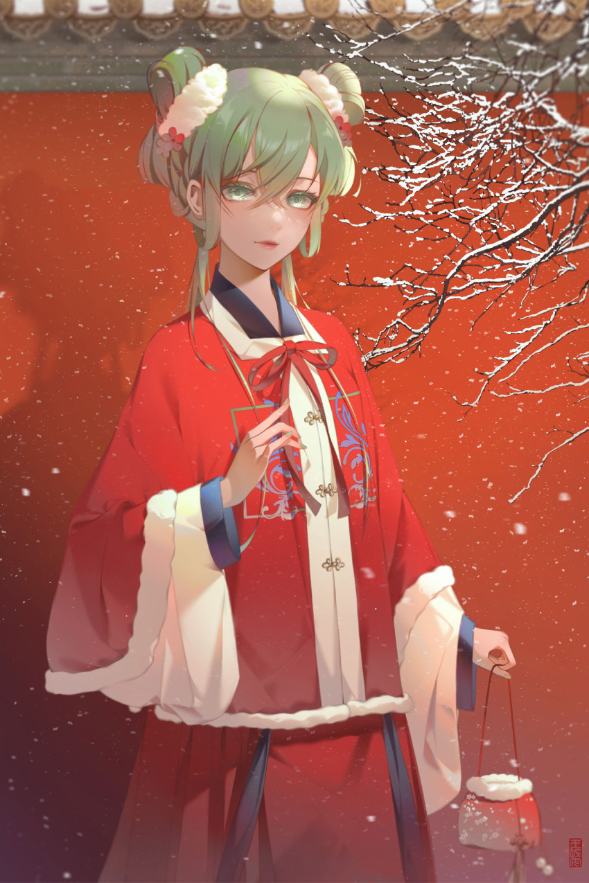 1girl alternate_hairstyle bag branch closed_mouth commentary cowboy_shot fur-trimmed_shirt fur_trim green_eyes green_hair green_nails hair_between_eyes hatsune_miku highres holding holding_bag kinchaku long_hair long_sleeves looking_at_viewer pouch red_lips red_shirt red_skirt shirt skirt smile snow snowing standing traditional_clothes vocaloid wangza wide_sleeves winter