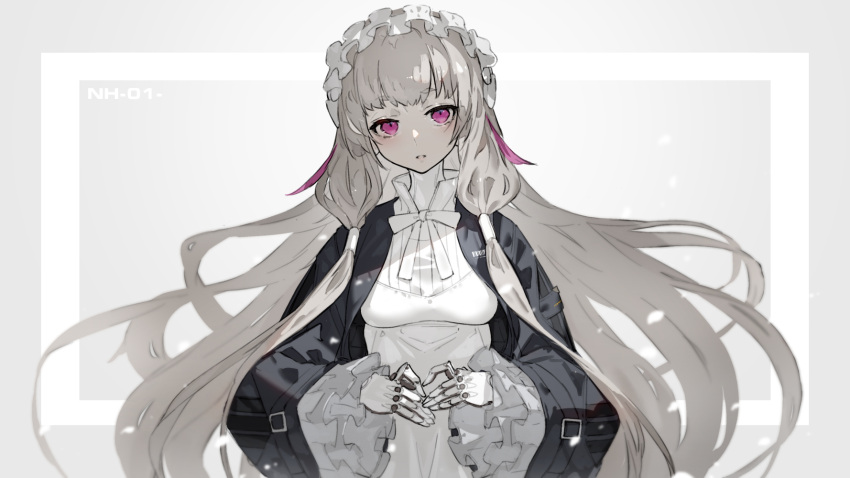 1girl android bangs breasts commentary doll_joints dress gothic_lolita grey_hair highres hito_kaiki joints lolita_fashion long_hair looking_at_viewer maid_headdress neco red_eyes ribbon simple_background small_breasts solo upper_body wide_sleeves