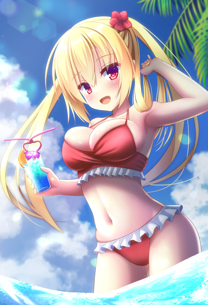 1girl arihara_nanami bangs belly bikini blonde_hair blush breasts clouds cocktail_glass comiket_100 cropped_legs cup drink drinking_glass eyebrows_hidden_by_hair flower frilled_bikini frills hair_between_eyes hair_flower hair_ornament hair_over_shoulder hand_in_own_hair happy highres holding holding_cup large_breasts long_hair nanatsuki_akito navel ocean open_mouth palm_tree red_bikini red_eyes red_flower riddle_joker sidelocks sky smile solo standing sunlight swimsuit thighs tree twintails yuzu-soft