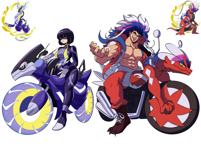 1boy 1girl abs absurdres blue_eyes bodysuit boots breasts glasses gloves ground_vehicle highres koraidon long_hair looking_at_viewer miraidon motor_vehicle motorcycle multicolored_hair pants pectorals personification pokemon pokemon_(creature) pokemon_(game) pokemon_sv purple_hair short_hair tina_fate tongue tongue_out vest