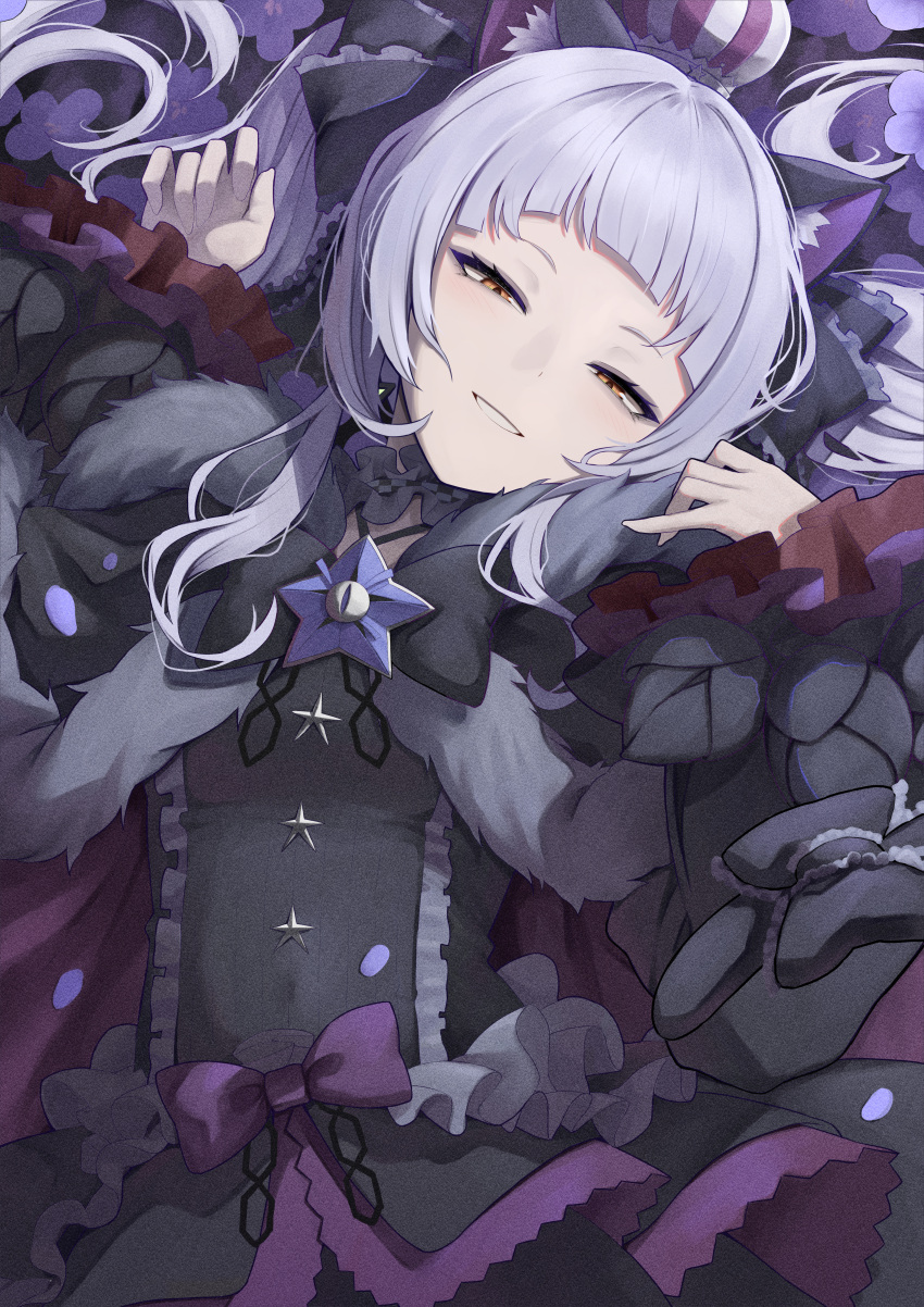 1girl absurdres animal_ear_fluff animal_ears arms_up black_cape black_dress cape cat_ears commentary crown dress fur-trimmed_cape fur_trim half-closed_eyes head_tilt highres hololive karadborg layered_dress light_purple_hair long_hair looking_at_viewer lying mini_crown murasaki_shion on_back smile solo upper_body virtual_youtuber yellow_eyes