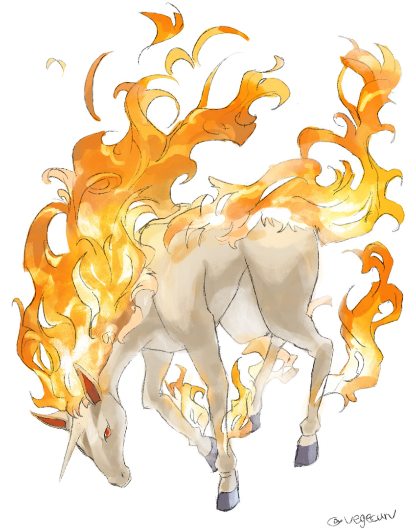 commentary_request fire highres no_humans pecohophop pokemon pokemon_(creature) rapidash red_eyes simple_background solo standing twitter_username unicorn white_background