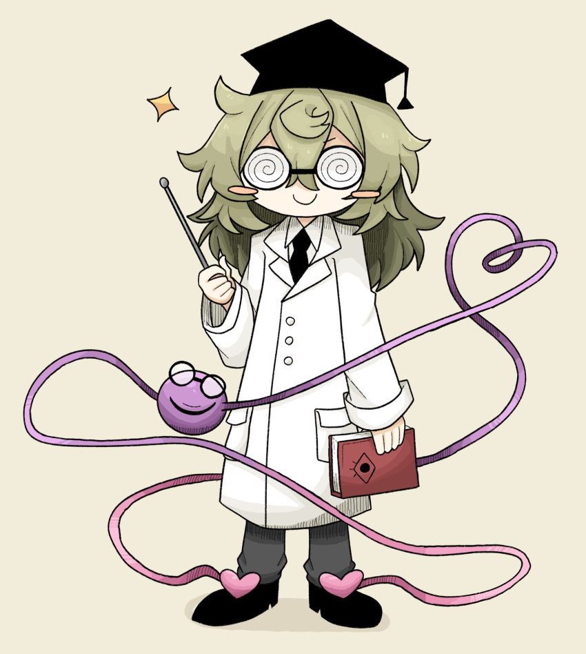 @_@ alternate_costume black_footwear black_headwear blush book coat coke-bottle_glasses eye_symbol glasses green_hair hat heart highres holding holding_book holding_pointer komeiji_koishi long_sleeves medium_hair mortarboard pants pointer round_eyewear shiny shirt shoes simple_background sleeves_past_wrists smile third_eye touhou white_background white_shirt zunusama