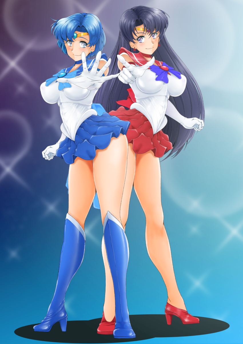 2girls absurdres back_bow bangs bishoujo_senshi_sailor_moon black_hair blue_background blue_bow blue_bowtie blue_choker blue_eyes blue_footwear blue_gemstone blue_hair blue_sailor_collar blue_skirt boots bow bowtie brooch choker circlet earrings elbow_gloves gem gloves heart_brooch high_heel_boots high_heels highres jewelry long_hair miniskirt mizuno_ami multiple_girls nanashi_noiji pleated_skirt pointing pointing_at_viewer purple_bow purple_bowtie red_bow red_choker red_footwear red_gemstone red_sailor_collar red_skirt sailor_collar sailor_mars sailor_mercury shirt short_hair short_sleeves skirt star_(symbol) star_earrings stud_earrings swept_bangs violet_eyes white_gloves white_shirt