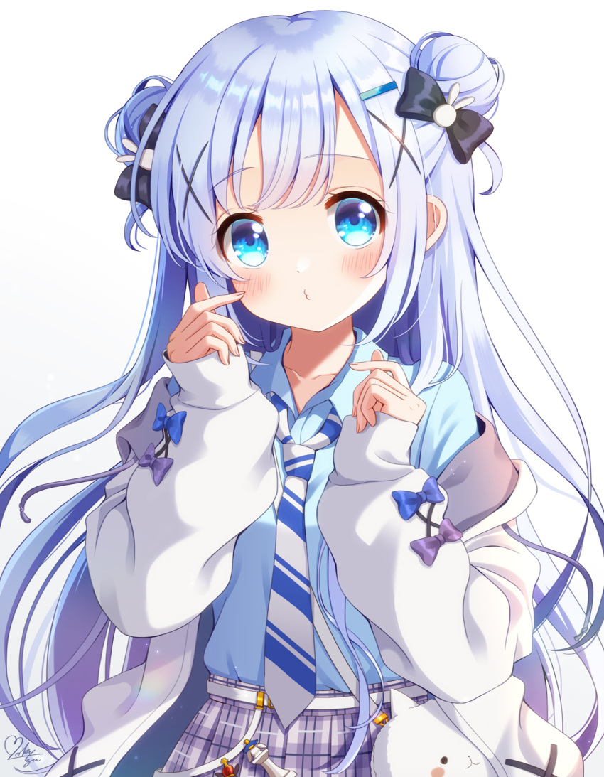 1girl bag bangs belt blue_eyes blue_hair blue_shirt blush bow collarbone commentary_request diagonal-striped_necktie double_bun finger_heart gochuumon_wa_usagi_desu_ka? hair_bow hair_bun hair_ornament hairclip highres jacket kafuu_chino light_blue_hair long_hair long_sleeves looking_at_viewer mozukun43 necktie o3o off_shoulder plaid plaid_skirt shirt signature simple_background skirt sleeves_past_wrists solo tippy_(gochiusa) white_background wing_collar x_hair_ornament