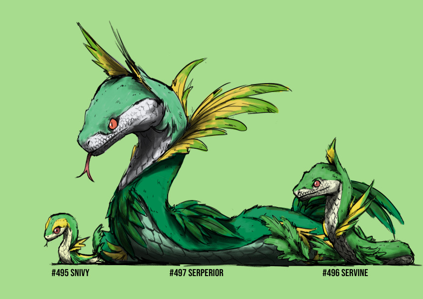 absurdres animal_focus blacknirrow character_name closed_mouth commentary english_commentary english_text evolutionary_line forked_tongue full_body green_background green_theme highres leaf no_humans pokedex_number pokemon pokemon_(creature) realistic red_eyes serperior servine simple_background sketch slit_pupils snake snivy tongue tongue_out