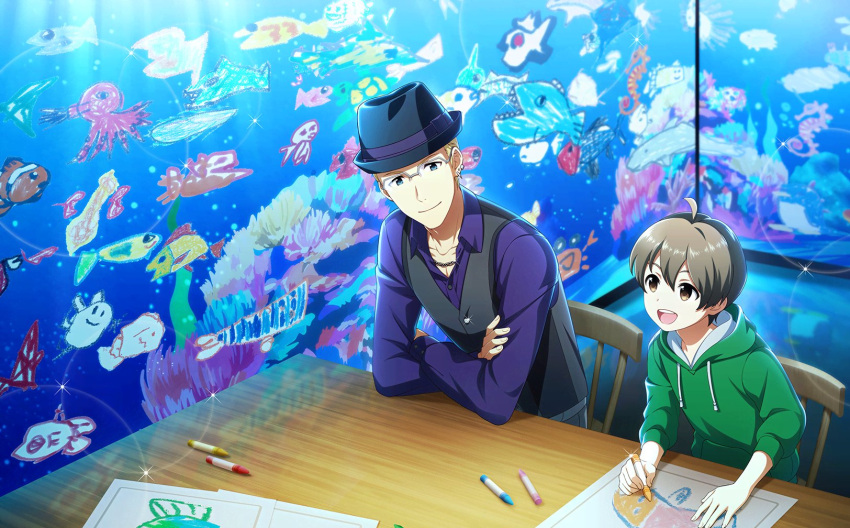 2boys blonde_hair brown_eyes brown_hair child_drawing collared_shirt crayon drawing fingernails fish glasses glint green_hoodie hair_between_eyes hat highres holding holding_crayon hood hoodie idolmaster idolmaster_side-m idolmaster_side-m_live_on_stage! ijuuin_hokuto long_sleeves male_child male_focus multiple_boys official_art open_mouth shirt sitting smile table third-party_source