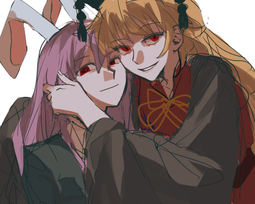 2girls animal_ears bangs black_jacket blonde_hair closed_mouth collared_shirt grin hand_on_another's_cheek hand_on_another's_face jacket junko_(touhou) long_hair long_sleeves multiple_girls poxiao354 purple_hair rabbit_ears rabbit_girl red_eyes red_tabard reisen_udongein_inaba shirt simple_background sketch smile tabard touhou white_background white_shirt