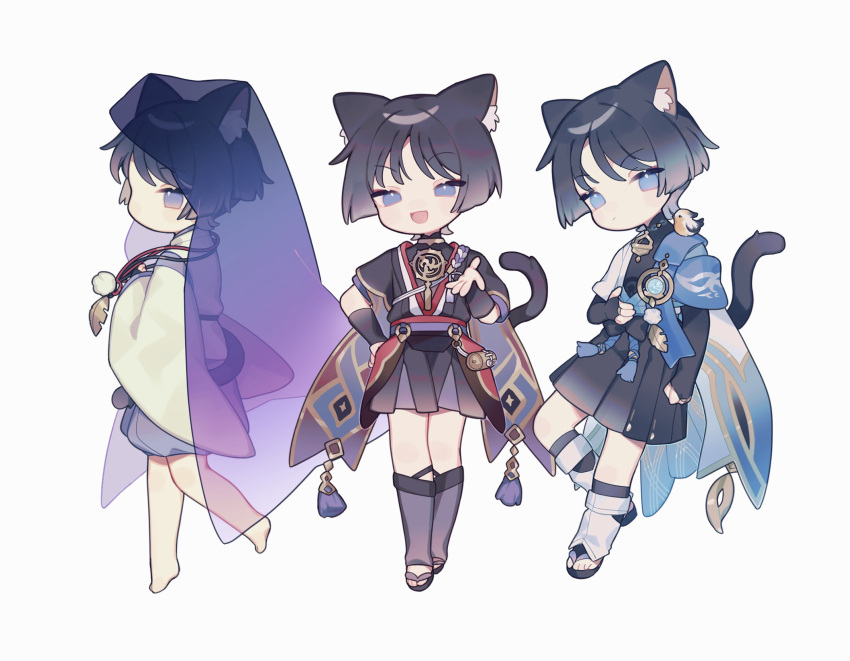 3boys animal animal_ear_fluff animal_ears arm_armor bangs barefoot belt bird black_belt black_bow black_eyes black_footwear black_hair black_shirt black_shorts black_vest blue_belt blue_eyes blue_gemstone blue_shorts blue_vest blunt_ends blush bow cat_ears cat_tail chibi closed_mouth detached_sleeves from_side full_body gem genshin_impact gold grey_fur grey_socks grey_vest hair_between_eyes half-closed_eye hand_on_hip hand_up highres jewelry leaf leg_up long_sleeves looking_at_another looking_at_viewer looking_down looking_up male_focus mandarin_collar mitsudomoe_(shape) multiple_boys multiple_persona necklace no_headwear no_mouth official_alternate_costume open_clothes open_mouth open_vest orange_fur pom_pom_(clothes) purple_belt purple_shirt purple_socks red_bow sandals scaramouche_(genshin_impact) scaramouche_(kabukimono)_(genshin_impact) shirt short_hair short_sleeves shorts simple_background sitting sitting_on_person sleeveless sleeveless_shirt smile smug socks standing standing_on_one_leg tail toketeruegg3 tomoe_(symbol) tongue two-tone_fur two-tone_vest v-shaped_eyebrows veil vest violet_eyes vision_(genshin_impact) wanderer_(genshin_impact) white_background white_vest wide_sleeves wings