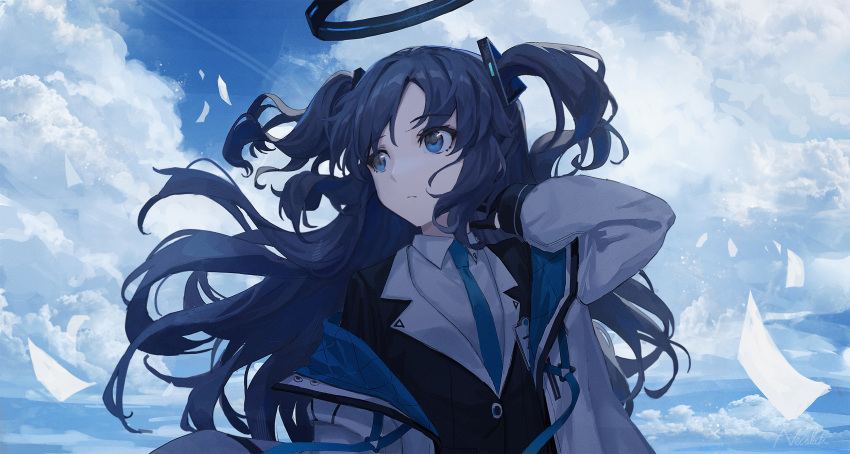 1girl bangs black_gloves blue_archive blue_eyes blue_necktie blue_sky closed_mouth clouds cloudy_sky collared_shirt commentary_request day gloves halo hand_on_own_neck hand_up highres id_card im_catfood jacket jacket_partially_removed long_hair looking_to_the_side necktie off_shoulder open_clothes open_jacket outdoors partial_commentary shirt sky solo two-sided_fabric two-sided_jacket two_side_up upper_body white_jacket white_shirt yuuka_(blue_archive)
