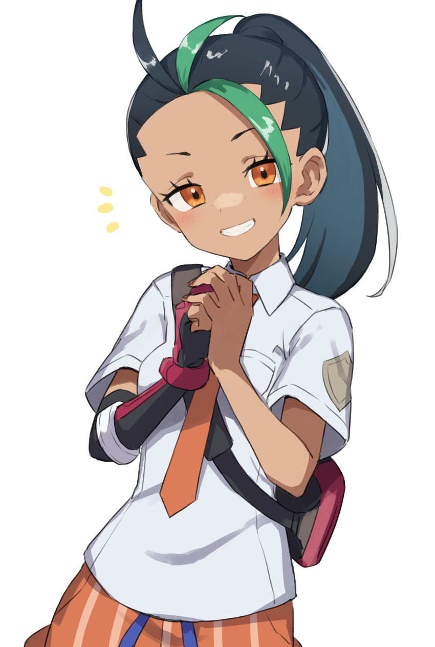 1girl absurdres backpack bag bangs black_hair blush breast_pocket collared_shirt commentary_request eyelashes freckles gazacy_(dai) gloves green_hair grin hands_up head_tilt highres looking_at_viewer multicolored_hair necktie nemona_(pokemon) notice_lines orange_eyes orange_necktie orange_shorts own_hands_together pocket pokemon pokemon_(game) pokemon_sv ponytail shirt short_sleeves shorts simple_background single_glove smile solo teeth two-tone_hair white_background white_shirt