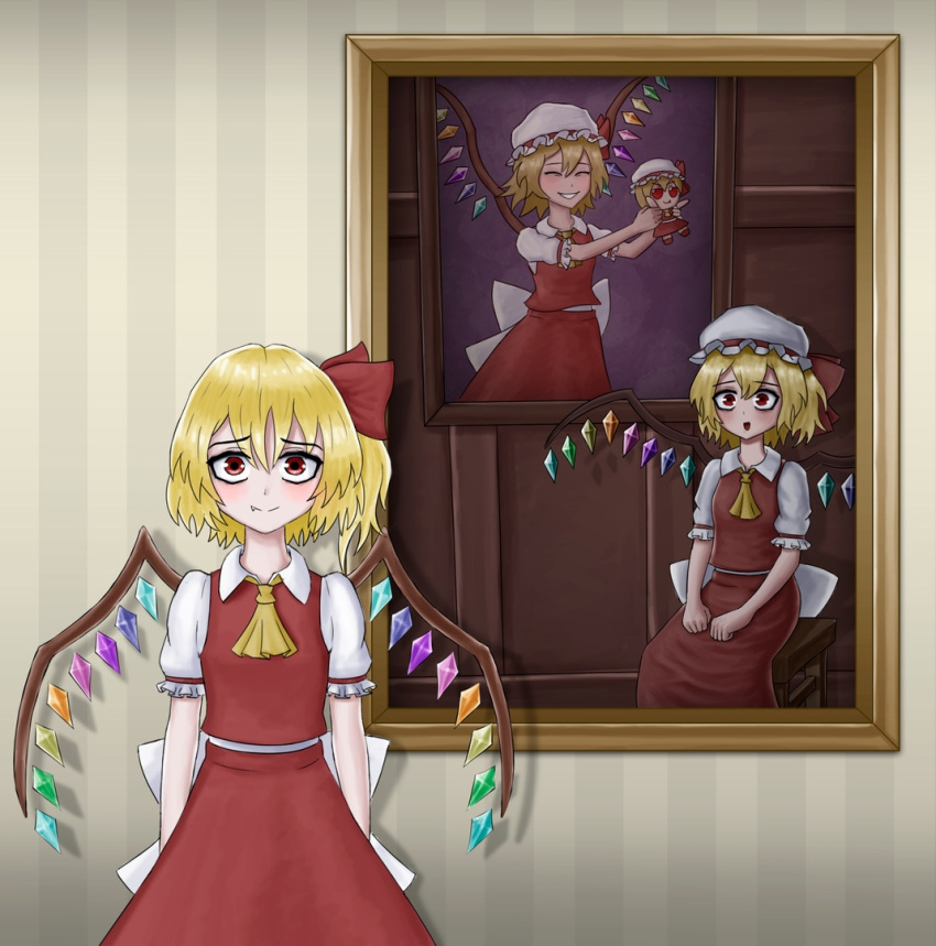 1girl ascot dress fang fang_out flandre_scarlet fumo_(doll) grummsed looking_at_viewer painting_(object) recurring_image
