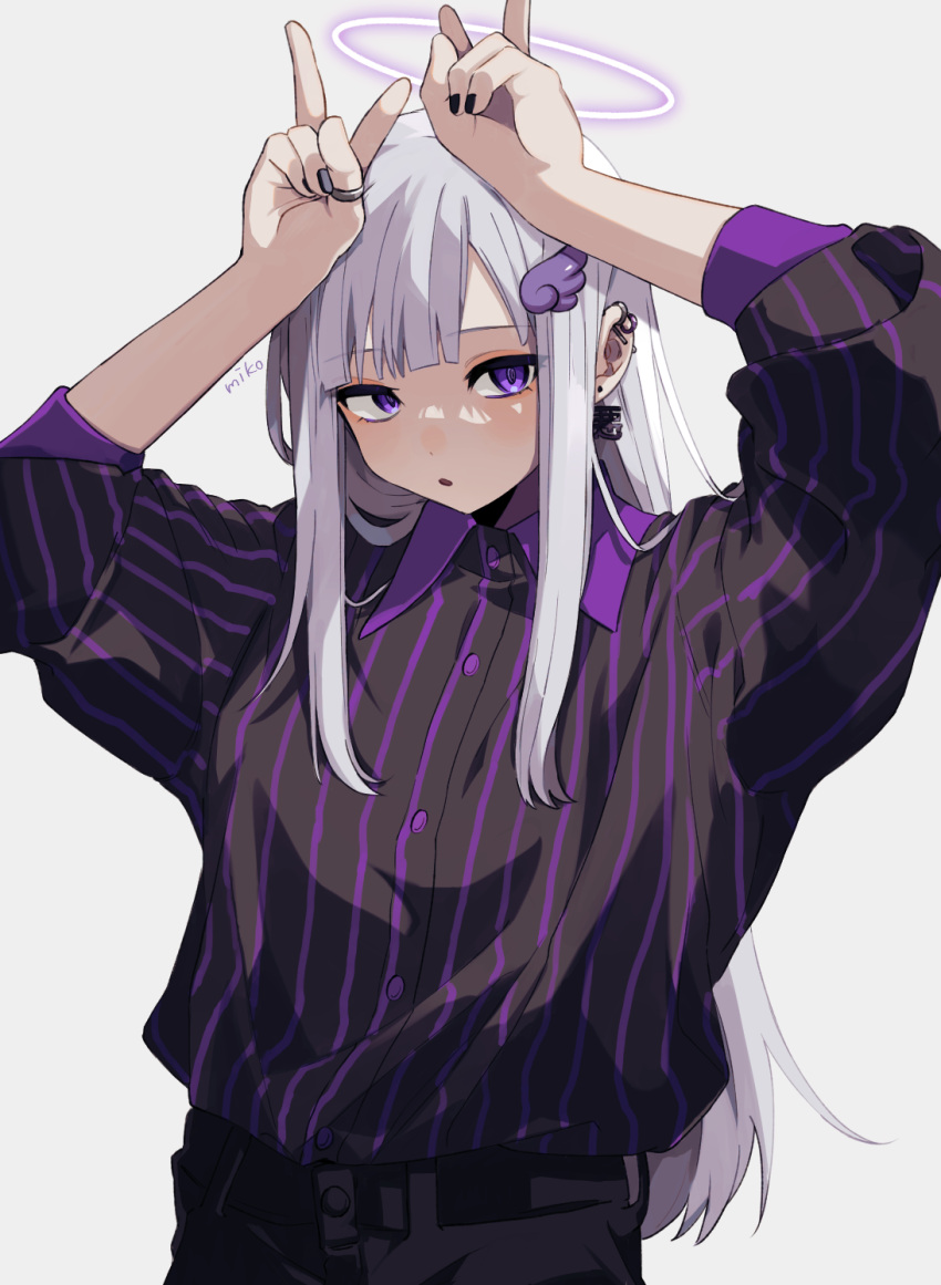 1girl arms_up bangs black_pants black_shirt earrings halo hand_on_own_head highres jewelry long_hair mikoshiba_m open_mouth original pants purple_nails ring shirt simple_background sleeves_past_elbows striped striped_shirt v vertical-striped_shirt vertical_stripes violet_eyes white_background wing_hair_ornament