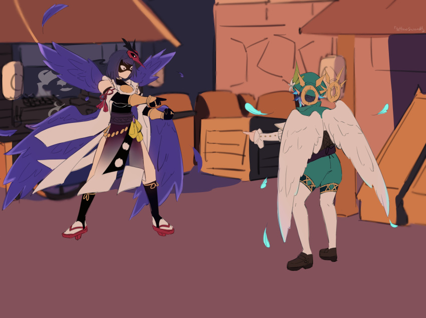 1boy 1girl absurdres beret bird_wings daytodayventi feathered_wings genshin_impact green_headwear hat highres mask meme multiple_wings pointing pointing_at_another pointing_spider-man_(meme) shaded_face tengu_mask venti_(genshin_impact) wings
