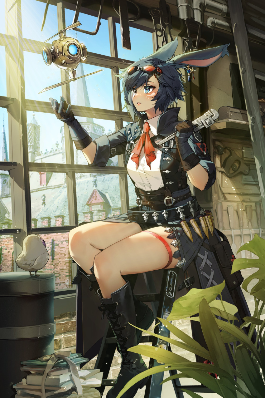 1girl absurdres animal_ears bare_legs black_footwear character_request check_character check_copyright cika_k commentary copyright_request gloves highres holding indoors kemonomimi_mode original rabbit_girl short_hair smile socket_wrench solo symbol-only_commentary wrench