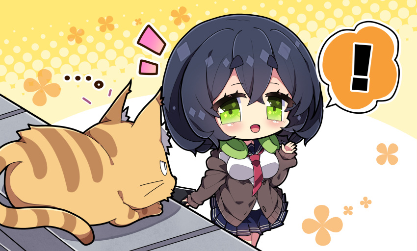 ! ... 1girl :d animal bangs black_hair blue_sailor_collar blue_skirt breasts brown_cardigan cardigan cat chibi commentary_request floral_background green_eyes hair_between_eyes halftone halftone_background hand_up headphones headphones_around_neck highres holding kyoumachi_seika large_breasts long_sleeves milkpanda necktie notice_lines pleated_skirt puffy_long_sleeves puffy_sleeves red_necktie sailor_collar school_uniform serafuku shirt short_eyebrows skirt sleeves_past_wrists smile solo spoken_exclamation_mark thick_eyebrows two-tone_background voiceroid white_background white_shirt yellow_background